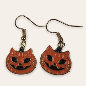 Gold Tone Kitty Cat Kitten Jack-O-Lantern Pumpkin Halloween Goth Hook Earrings